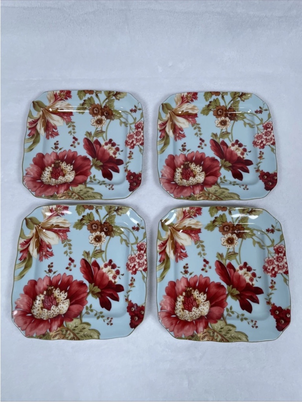 LOT OF 4 222 Fifth SPRING BOTANICAL 6.25" Floral Square Appetizer/Dessert Plates